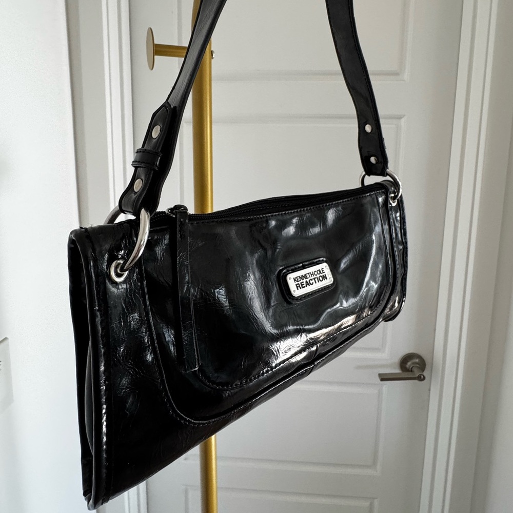 Y2K Vintage Vegan Patent Leather Versatile Slim Bag Black Pouchette Cyber 90s - Picture 3 of 13